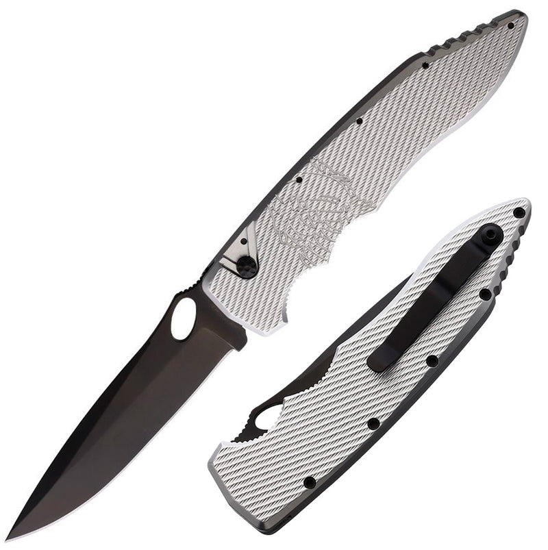 Piranha Knives Predator Button Lock Folding Automatic Knife 4" CPM S30V Steel Blade Silver Textured Aluminum Handle CP10ST -Piranha Knives - Survivor Hand Precision Knives & Outdoor Gear Store