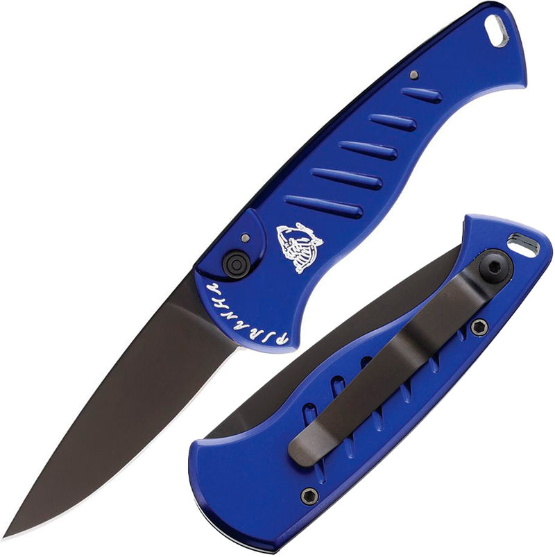 Piranha Knives Fingerling Button Lock Folding Automatic Knife 2.5" Black Oxide Coated 154CM Steel Blade Blue Aluminum Handle CP2BT -Piranha Knives - Survivor Hand Precision Knives & Outdoor Gear Store