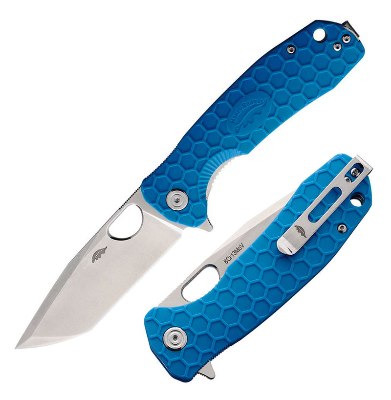 Honey Badger Knives Large Liner Folding Knife 3.63" 8Cr13MoV Steel Tanto Blade Blue Textured GRN Handle 1324 -Honey Badger Knives - Survivor Hand Precision Knives & Outdoor Gear Store