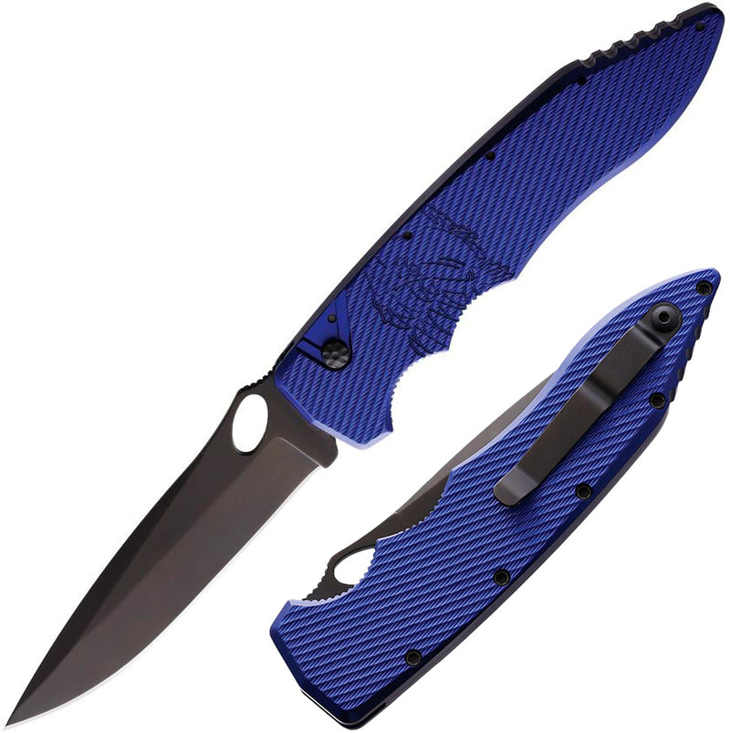 Piranha Knives Predator Button Lock Folding Automatic Knife 4" CPM S30V Steel Blade Blue Textured Aluminum Handle CP10BT -Piranha Knives - Survivor Hand Precision Knives & Outdoor Gear Store