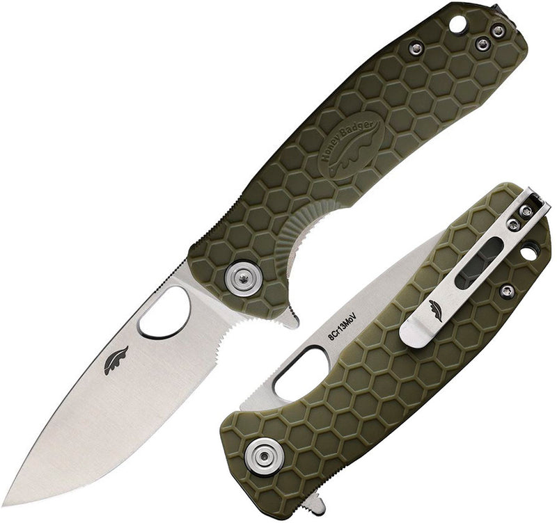 Honey Badger Knives Medium Linerlock Folding Knife 3.13" 8Cr13MoV Steel Drop Point Blade Green Textured GRN Handle 1013 -Honey Badger Knives - Survivor Hand Precision Knives & Outdoor Gear Store