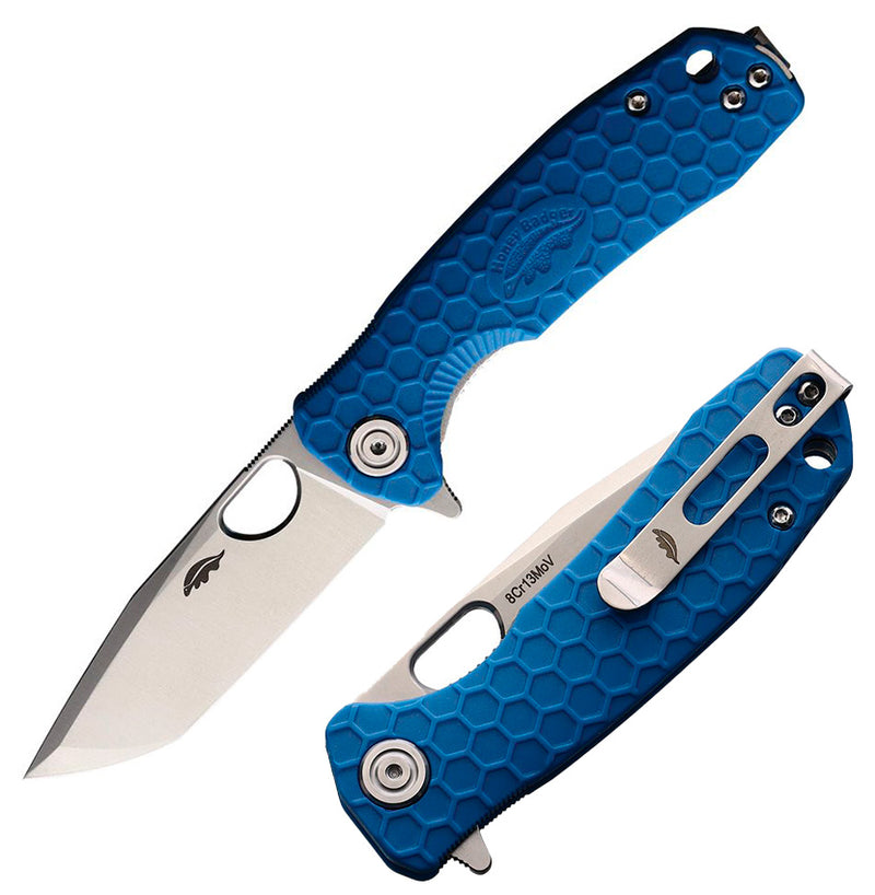 Honey Badger Knives Small Liner Folding Knife 2.75" 8CR13MoV Steel Tanto Blade Blue Sculpted GRN Handle 1344 -Honey Badger Knives - Survivor Hand Precision Knives & Outdoor Gear Store