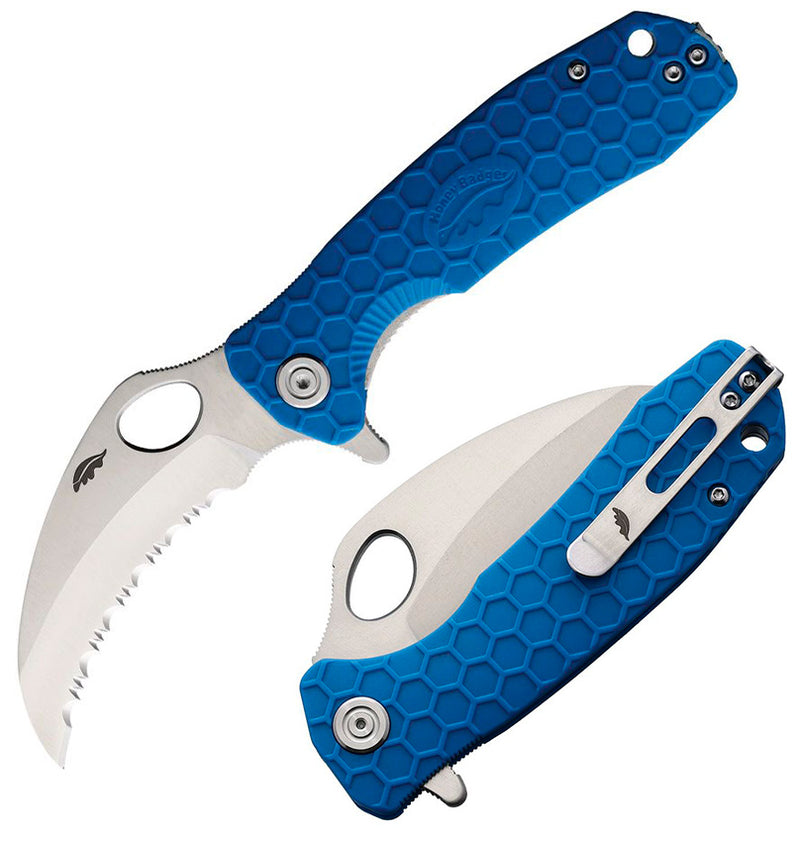 Honey Badger Knives Medium Folding Knife 3" Serrated D2 Tool Steel Claw Blade Blue Textured GRN Handle 1128 -Honey Badger Knives - Survivor Hand Precision Knives & Outdoor Gear Store