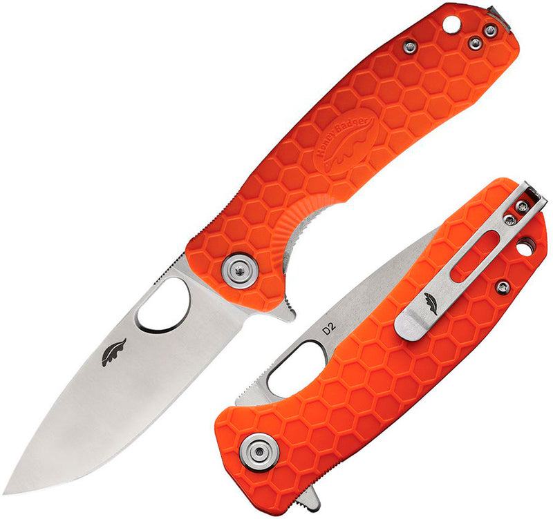 Honey Badger Knives Medium Linerlock Folding Knife 3.13" D2 Tool Steel Drop Point Blade Orange Textured GRN Handle 1060 -Honey Badger Knives - Survivor Hand Precision Knives & Outdoor Gear Store