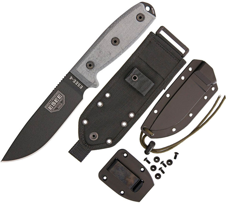 ESEE Model 4 Fixed Knife 4.5" Black Powder Coated 1095HC Steel Blade Micarta Handle 4PMBB -ESEE - Survivor Hand Precision Knives & Outdoor Gear Store