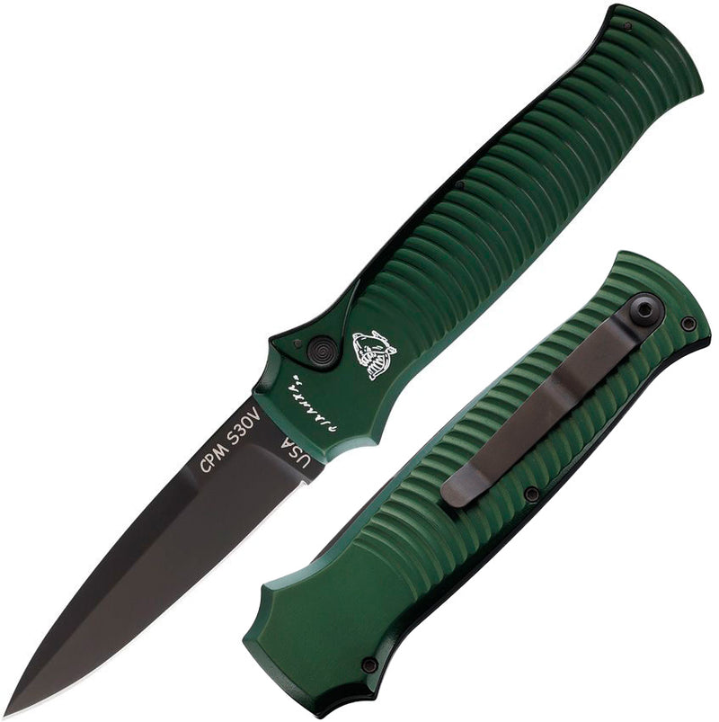 Piranha Knives Bodyguard Tactical Folding Automatic Knife 3.25" Black Oxide Coated CPM S30V Steel Blade Green Aluminum Handle CP6GT -Piranha Knives - Survivor Hand Precision Knives & Outdoor Gear Store