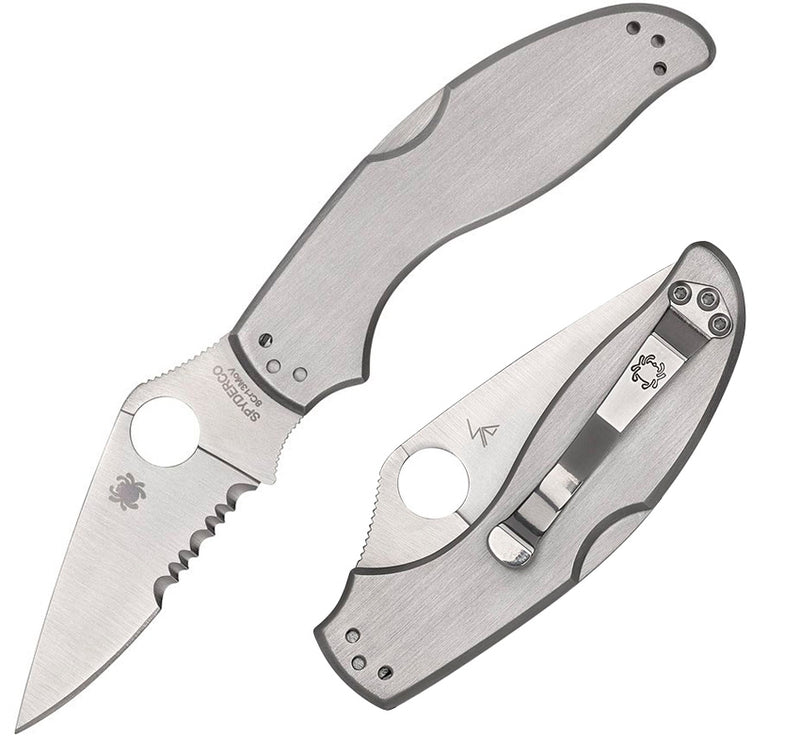 Spyderco Uptern Lockback Folding Knife 2.88" Part Serrated 8Cr13MoV Steel Blade Brushed Stainless Handle 261PS -Spyderco - Survivor Hand Precision Knives & Outdoor Gear Store