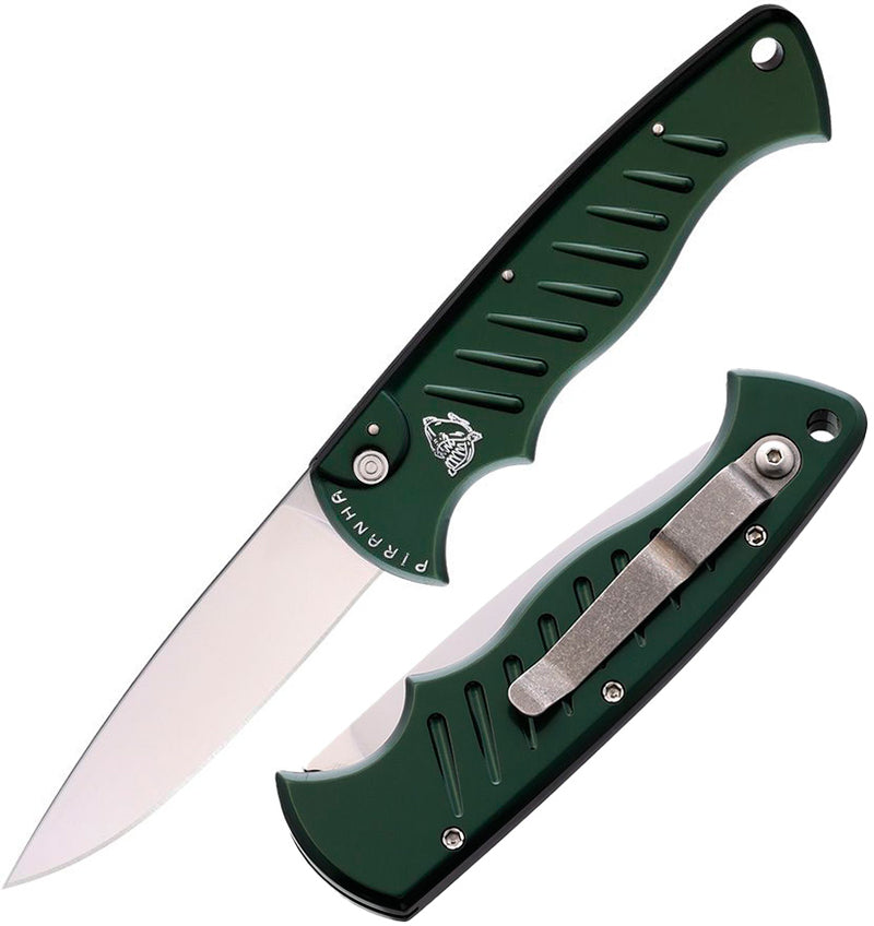 Piranha Knives Pocket Button Lock Folding Automatic Knife 3.25" 154CM Steel Blade Green Aluminum Handle P1G -Piranha Knives - Survivor Hand Precision Knives & Outdoor Gear Store