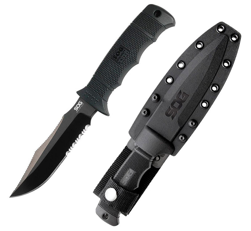 SOG SEAL Pup Elite Fixed Knife 4.5" Part Serrated Black TiNi Coated AUS-8 Steel Blade Glass Reinforced Zytel Handle GE37TK -SOG - Survivor Hand Precision Knives & Outdoor Gear Store