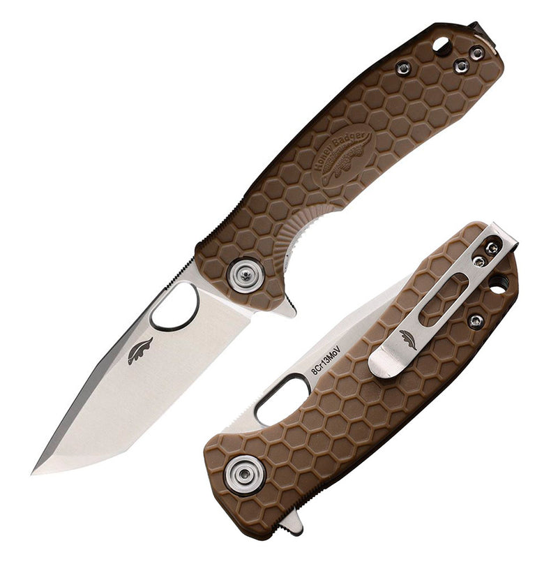 Honey Badger Knives Small Liner Folding Knife 2.75" 8CR13MoV Steel Tanto Blade Tan Sculpted GRN Handle 1342 -Honey Badger Knives - Survivor Hand Precision Knives & Outdoor Gear Store