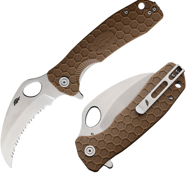 Honey Badger Knives Linerlock Folding Knife 3.38" 8Cr13MoV Steel Claw Blade Tan Textured GRN Handle 1112 -Honey Badger Knives - Survivor Hand Precision Knives & Outdoor Gear Store