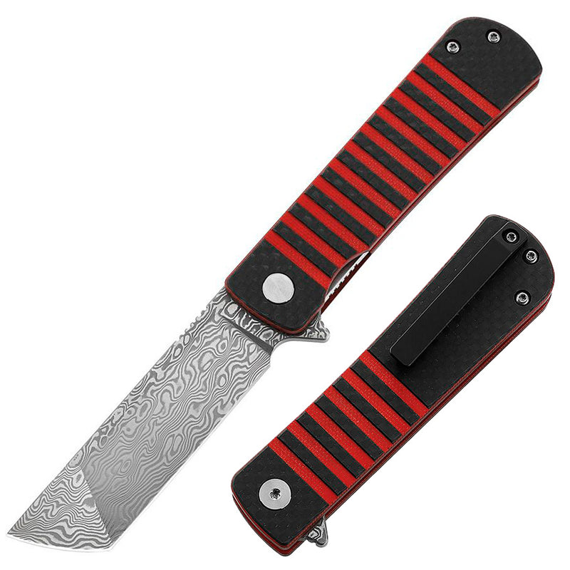 Bestech Knives Titan Linerlock Folding Knife 3" Damascus Steel Tanto Blade Red G10 And Carbon Fiber Handle L05B -Bestech Knives - Survivor Hand Precision Knives & Outdoor Gear Store