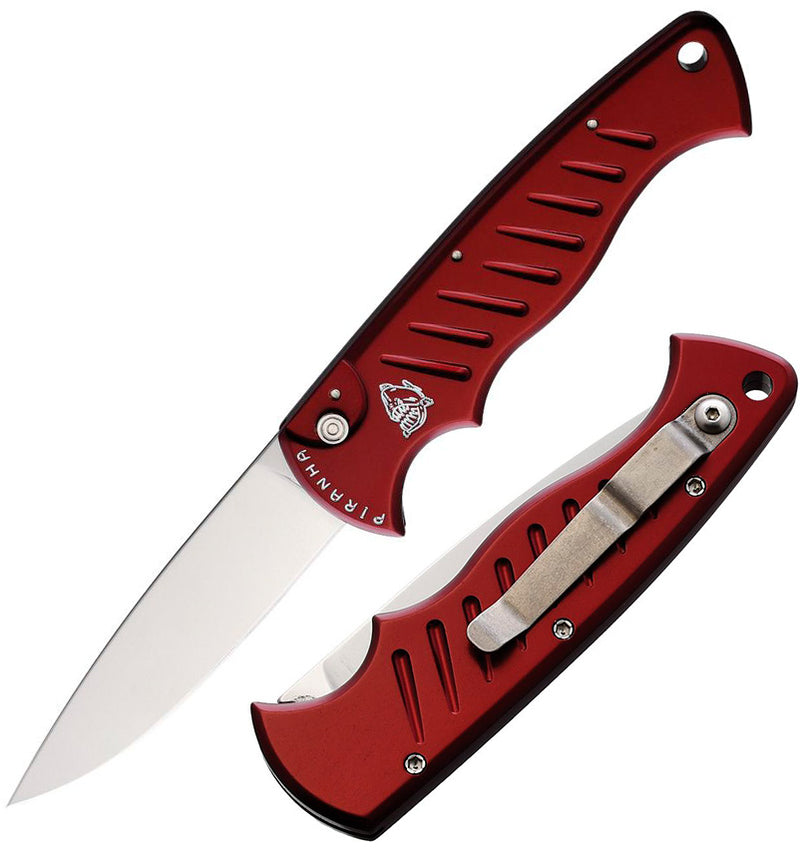 Piranha Knives Pocket Button Lock Folding Automatic Knife 3.25" 154CM Steel Blade Red Aluminum Handle P1R -Piranha Knives - Survivor Hand Precision Knives & Outdoor Gear Store