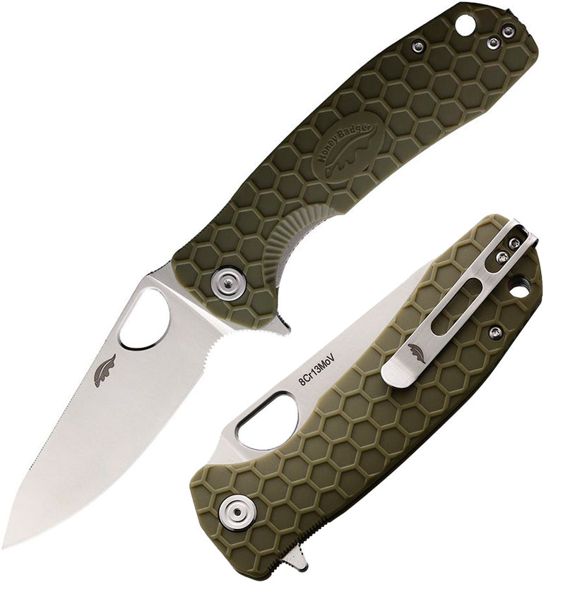 Honey Badger Knives Large Leaf Liner Folding Knife 3.63" 8Cr13MoV Steel Blade Green Textured Nylon/Glass Fiber Handle 1290 -Honey Badger Knives - Survivor Hand Precision Knives & Outdoor Gear Store