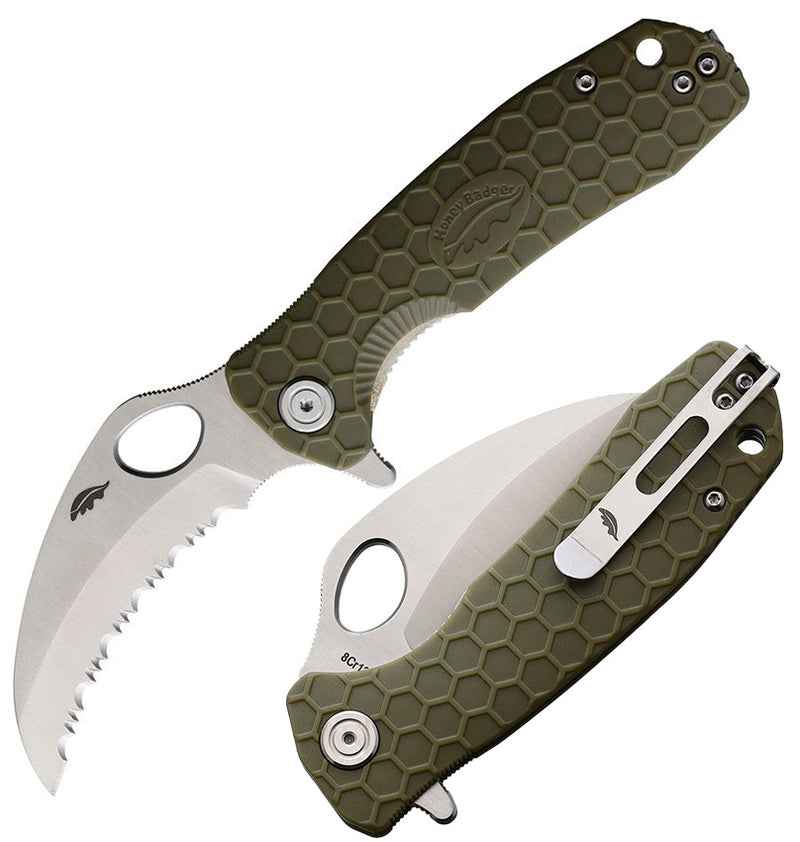 Honey Badger Knives Medium Liner Folding Knife 3" Serrated 8Cr13MoV Steel Claw Blade Green Textured GRN Handle 1133 -Honey Badger Knives - Survivor Hand Precision Knives & Outdoor Gear Store