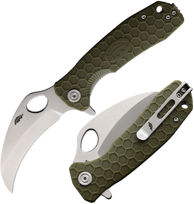 Honey Badger Knives Medium Liner Folding Knife 3" 8Cr13MoV Steel Claw Blade Green Textured GRN Handle 1123 -Honey Badger Knives - Survivor Hand Precision Knives & Outdoor Gear Store