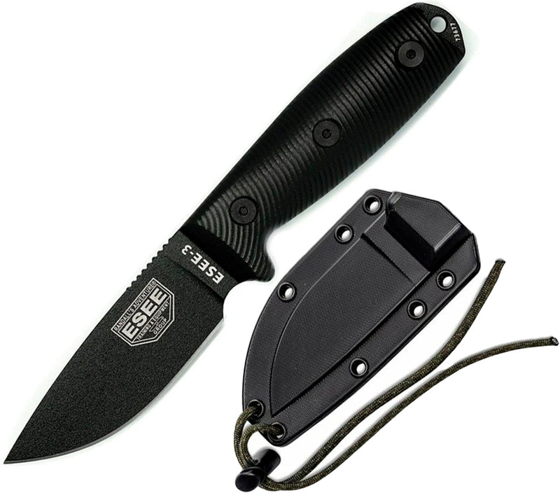 ESEE Model 3 Fixed Knife 3.88" Black Powder Coated 1095HC Steel Blade 3D Machined G10 Handle 3PMB001 -ESEE - Survivor Hand Precision Knives & Outdoor Gear Store