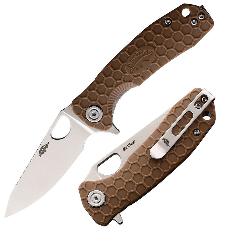 Honey Badger Knives Small Leaf Liner Folding Knife 2.88" 8Cr13MoV Steel Blade Tan Nylon/Glass Fiber Handle 1309 -Honey Badger Knives - Survivor Hand Precision Knives & Outdoor Gear Store