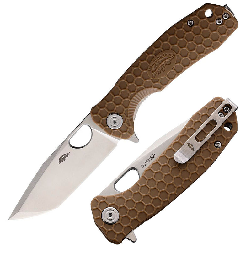 Honey Badger Knives Medium Liner Folding Knife 3.13" 8Cr13MoV Steel Tanto Blade Tan Textured Nylon Handle 1332 -Honey Badger Knives - Survivor Hand Precision Knives & Outdoor Gear Store