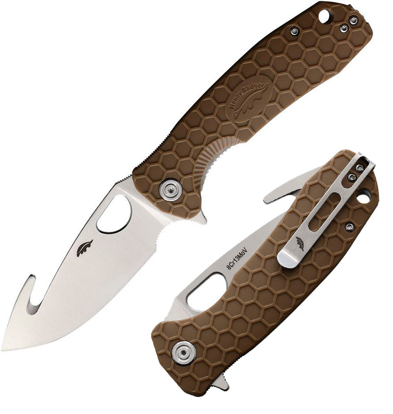 Honey Badger Knives Large Liner Folding Knife 3.75" 8Cr13MoV Steel Guthook Blade Tan Textured GRN Handle 1252 -Honey Badger Knives - Survivor Hand Precision Knives & Outdoor Gear Store