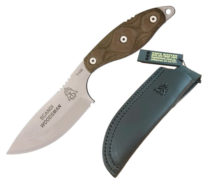 TOPS Scandi Woodsman Fixed Knife 3.5"1095HC Steel Blade Green Canvas Micarta Handle SWOOD35 -TOPS - Survivor Hand Precision Knives & Outdoor Gear Store