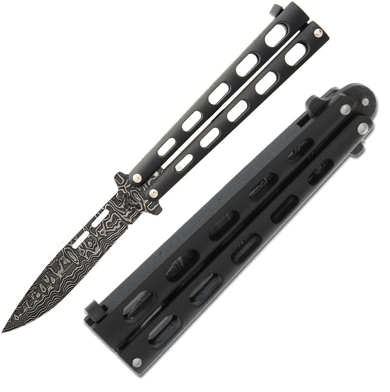 Bear & Son Butterfly Folding Knife 3.38" Damascus Steel Blade Black Powder Coated Zinc Handle 115D -Bear & Son - Survivor Hand Precision Knives & Outdoor Gear Store