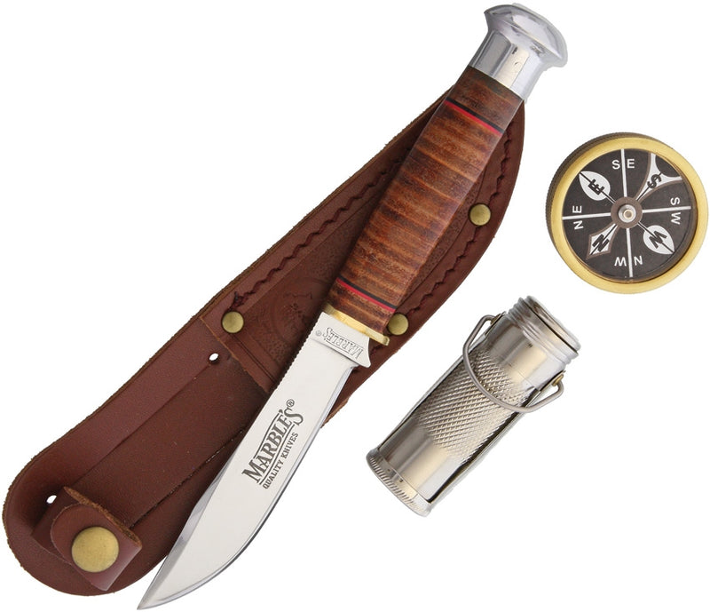 Marbles Gift Set Fixed Knife 4" Stainless Steel Blade Stacked Leather/Aluminum Handle MR303 -Marbles - Survivor Hand Precision Knives & Outdoor Gear Store