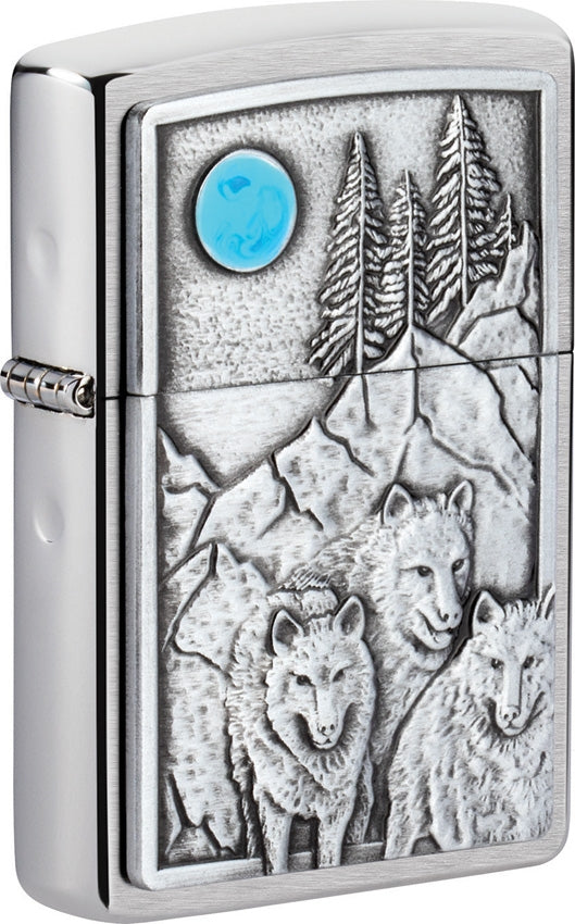 Zippo Wolf Pack and Moon Lighter Brushed Chrome All Metal Dimensions: 1.44" x 2.25" 17217 -Zippo - Survivor Hand Precision Knives & Outdoor Gear Store