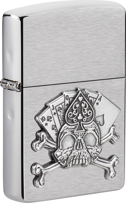 Zippo Card Skull Emblem Lighter Brushed Chrome All Metal Construction Dimensions: 1.44" x 2.25" 17215 -Zippo - Survivor Hand Precision Knives & Outdoor Gear Store