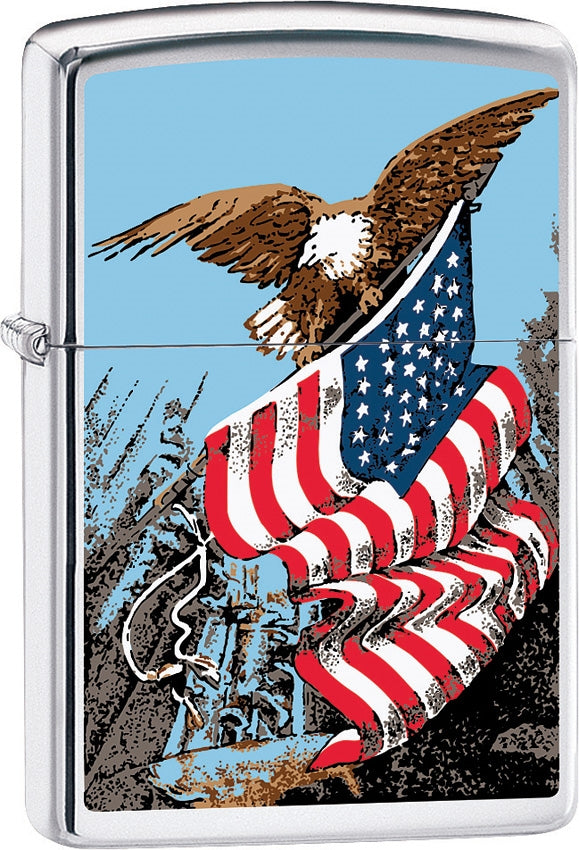 Zippo Lighter Eagle With Flag Dimensions: 1.44" x 2.25" Brushed Chrome Construction Made In USA 15327 -Zippo - Survivor Hand Precision Knives & Outdoor Gear Store