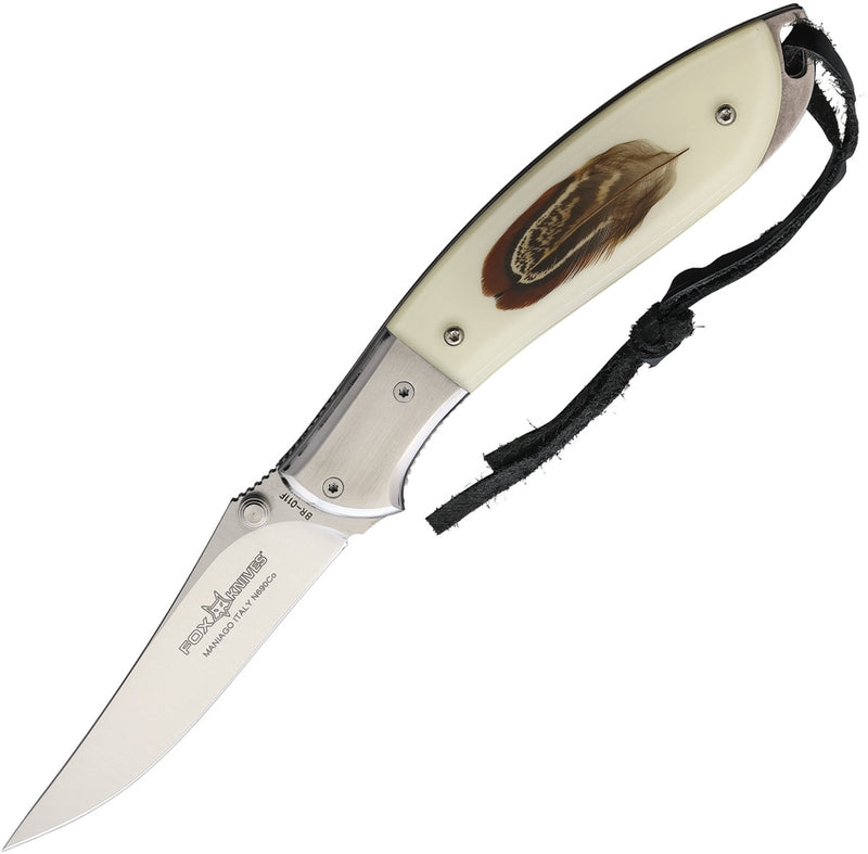 Fox Pheasant Folding Knife 4" N690 Steel Blade Feather Under Acrylic Handle BR011F -Fox - Survivor Hand Precision Knives & Outdoor Gear Store