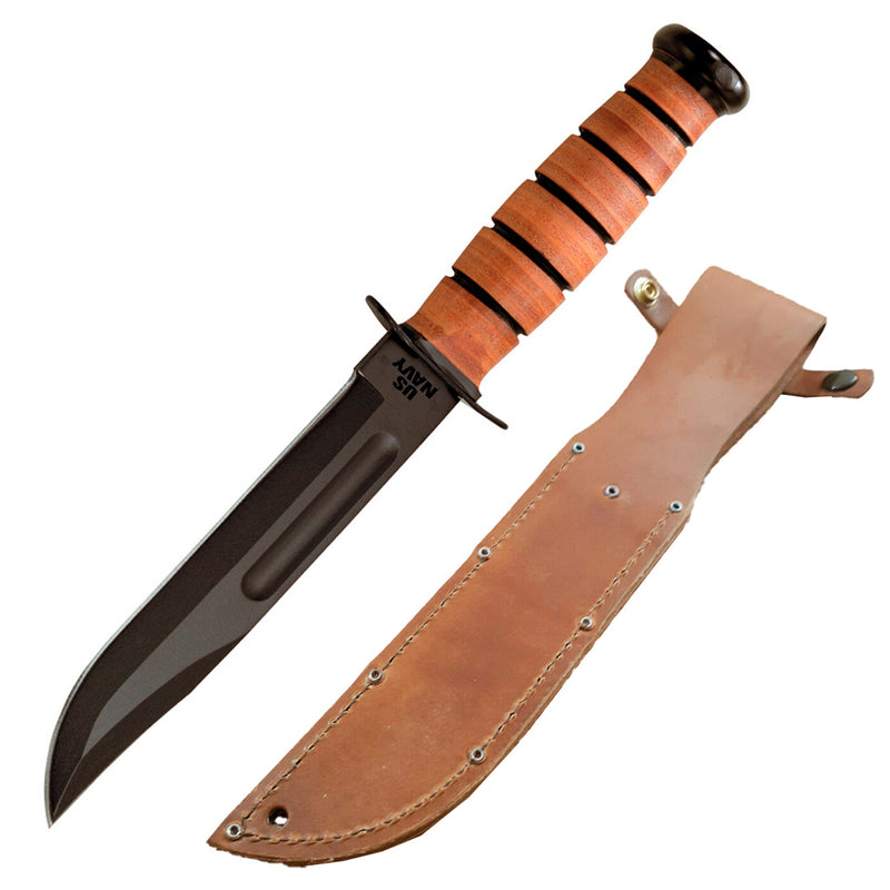 KABAR US Navy Fighting Utility Knife 1095 Steel Blade Stacked Leather / Carbon Handle 1225 -Ka-Bar - Survivor Hand Precision Knives & Outdoor Gear Store