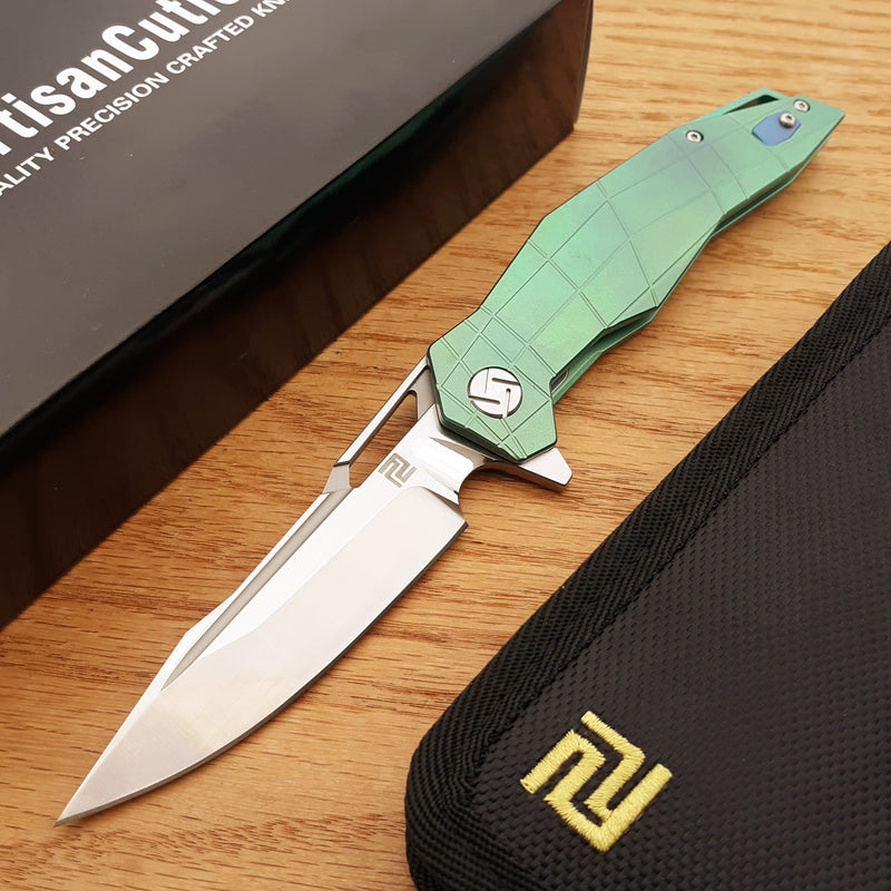 Artisan Cutlery Pangolin Framelock Folding Knife 4" S35VN Steel Blade Green Titanium Handle 1826GGNS -Artisan Cutlery - Survivor Hand Precision Knives & Outdoor Gear Store