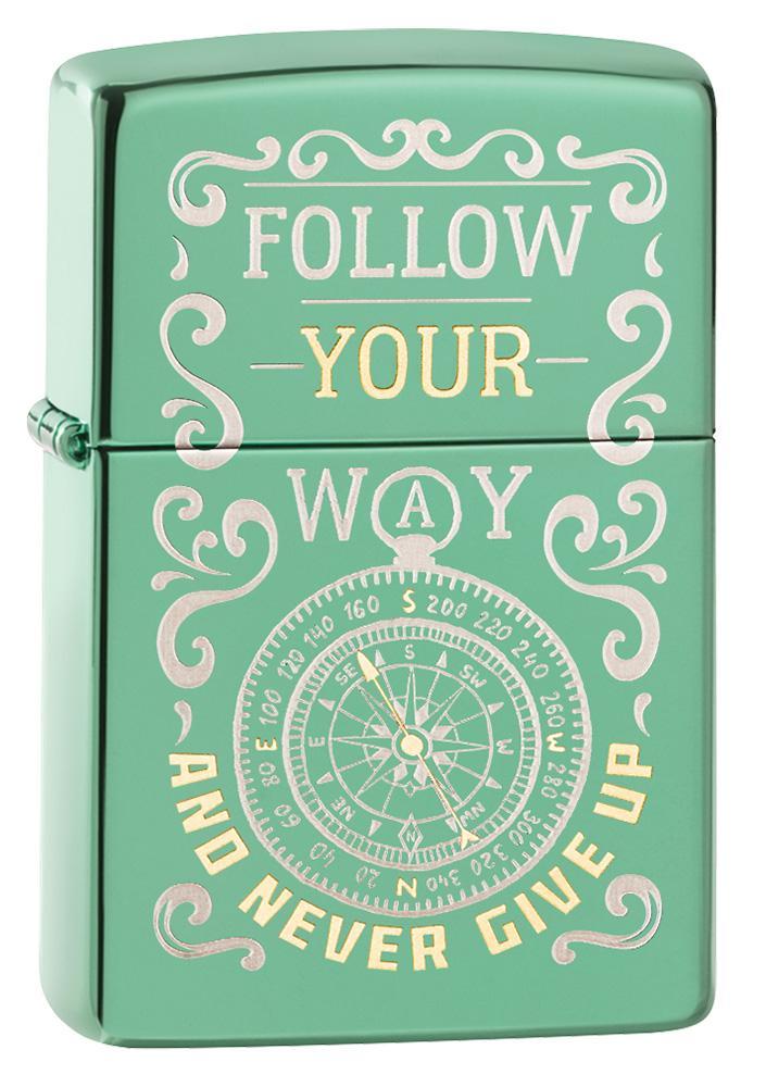 Zippo Follow Your Way Lighter High Polish Green All Metal Dimensions: 1.44" x 2.25" 14368 -Zippo - Survivor Hand Precision Knives & Outdoor Gear Store