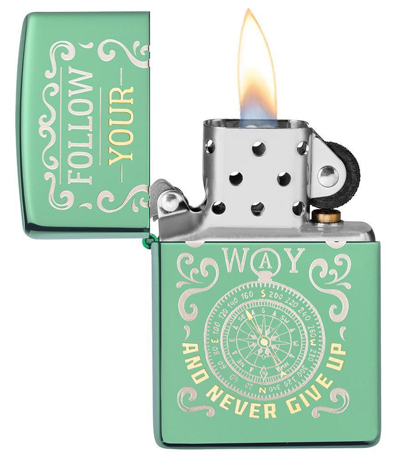 Zippo Follow Your Way Lighter High Polish Green All Metal Dimensions: 1.44" x 2.25" 14368 -Zippo - Survivor Hand Precision Knives & Outdoor Gear Store