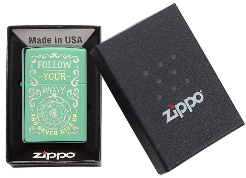 Zippo Follow Your Way Lighter High Polish Green All Metal Dimensions: 1.44" x 2.25" 14368 -Zippo - Survivor Hand Precision Knives & Outdoor Gear Store