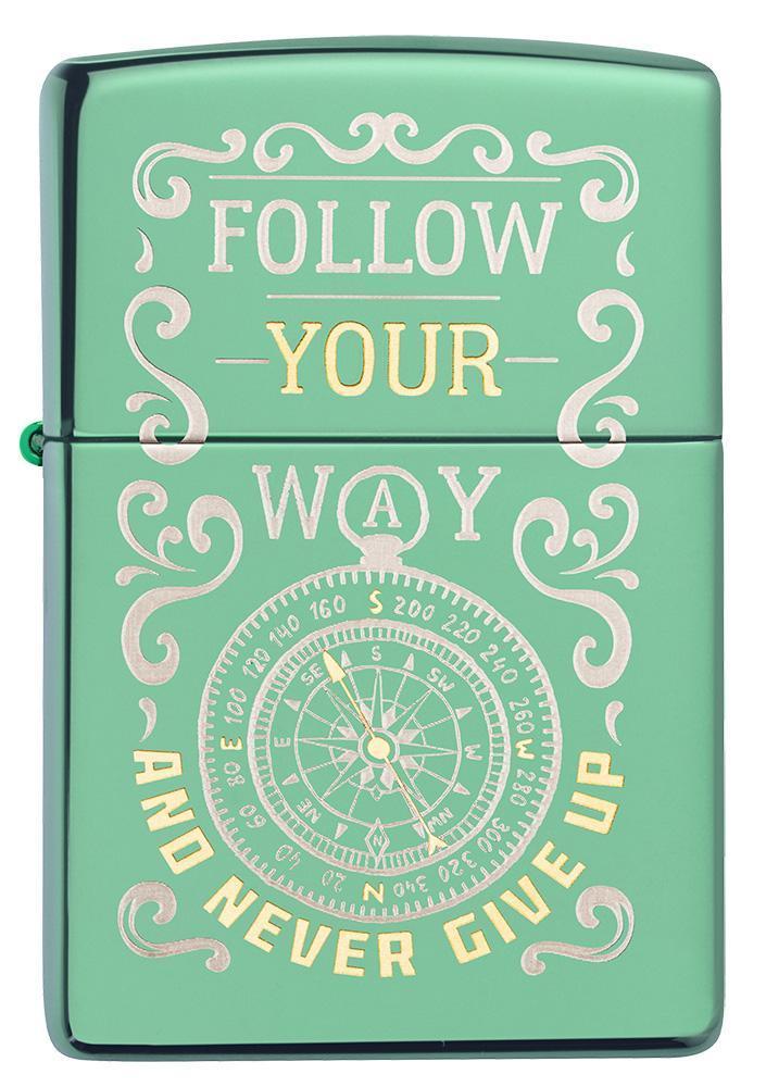 Zippo Follow Your Way Lighter High Polish Green All Metal Dimensions: 1.44" x 2.25" 14368 -Zippo - Survivor Hand Precision Knives & Outdoor Gear Store