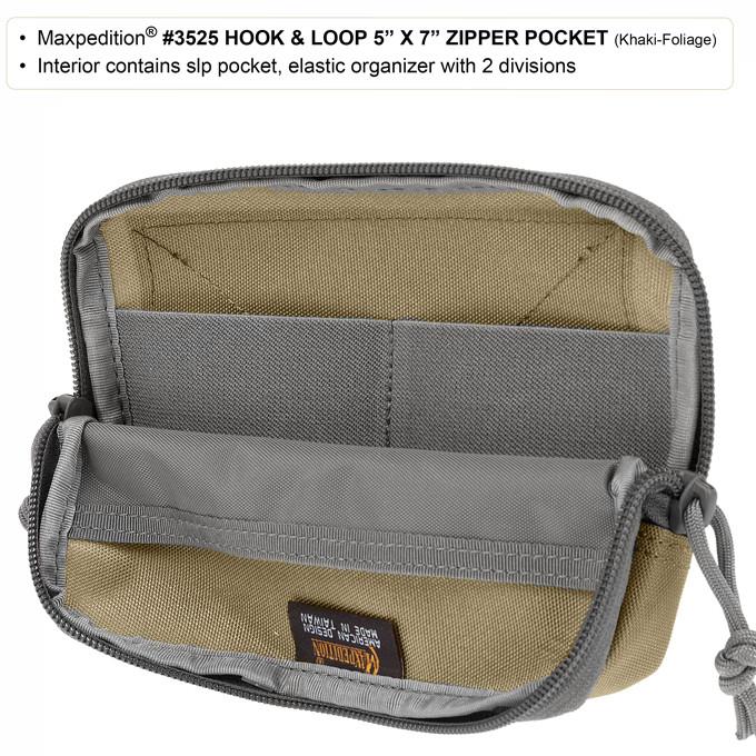 Maxpedition Hook & Loop Zipper Pocket Khaki Foliage Elastic Organizer Nylon 3525KF -Maxpedition - Survivor Hand Precision Knives & Outdoor Gear Store