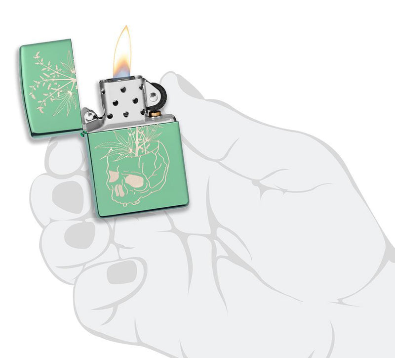 Zippo Botanical Skull Lighter High Polish Green Finish All Metal Dimensions: 1.44" x 2.25" 14241 -Zippo - Survivor Hand Precision Knives & Outdoor Gear Store