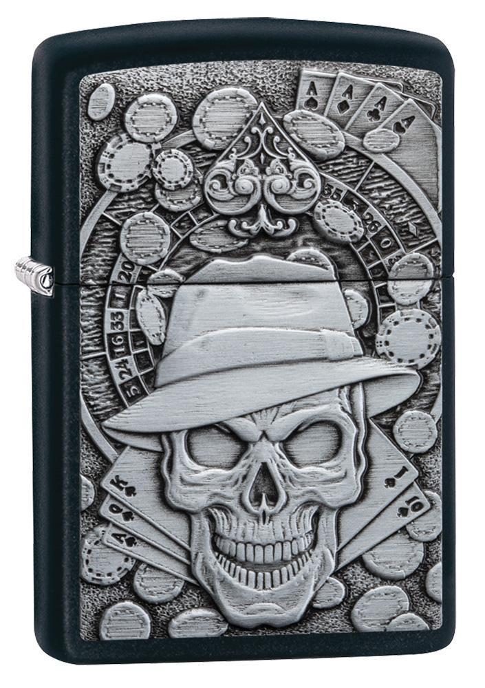 Zippo Gambling Skull Lighter Black Matte All Metal Construction Dimensions: 1.44" x 2.25" 14623 -Zippo - Survivor Hand Precision Knives & Outdoor Gear Store