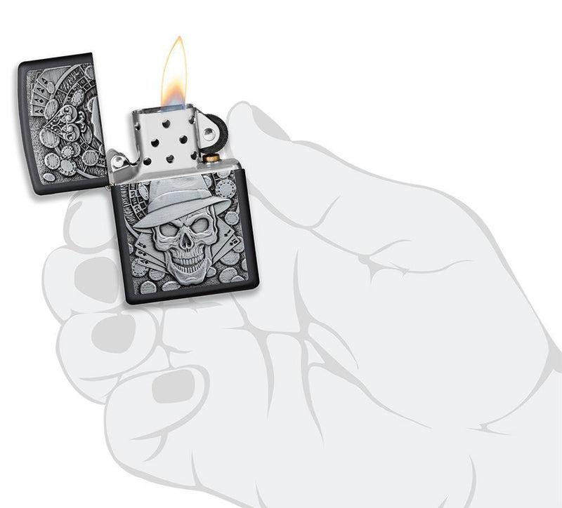 Zippo Gambling Skull Lighter Black Matte All Metal Construction Dimensions: 1.44" x 2.25" 14623 -Zippo - Survivor Hand Precision Knives & Outdoor Gear Store