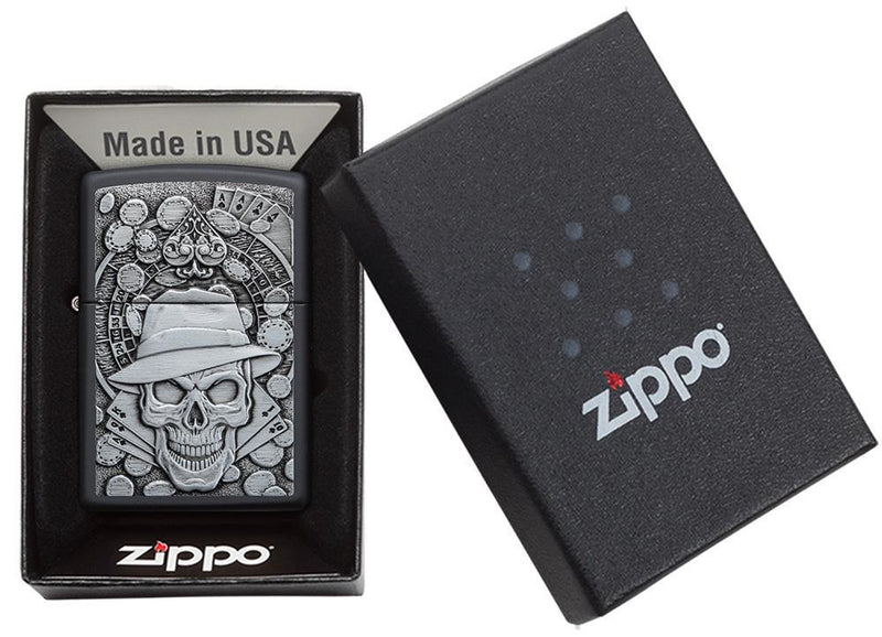 Zippo Gambling Skull Lighter Black Matte All Metal Construction Dimensions: 1.44" x 2.25" 14623 -Zippo - Survivor Hand Precision Knives & Outdoor Gear Store