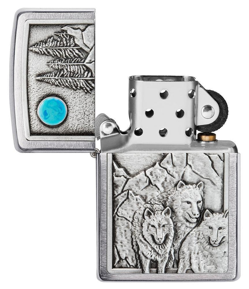 Zippo Wolf Pack and Moon Lighter Brushed Chrome All Metal Dimensions: 1.44" x 2.25" 17217 -Zippo - Survivor Hand Precision Knives & Outdoor Gear Store