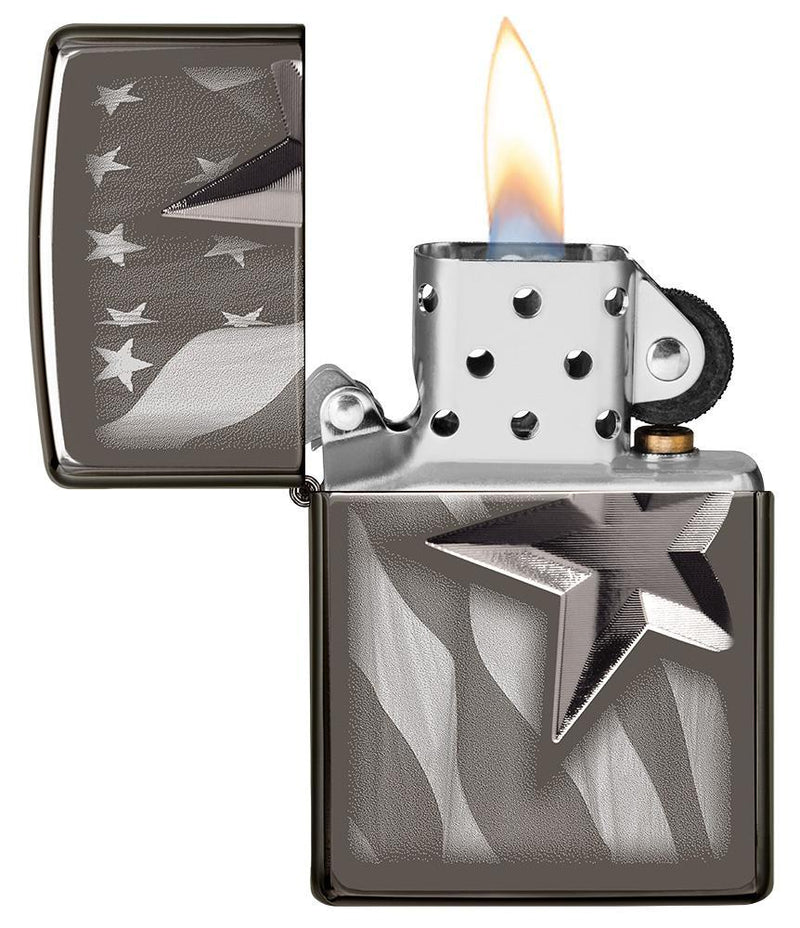 Zippo Retro Star Design Lighter Black Chrome All Metal Construction Dimensions: 1.44" x 2.25" 17444 -Zippo - Survivor Hand Precision Knives & Outdoor Gear Store