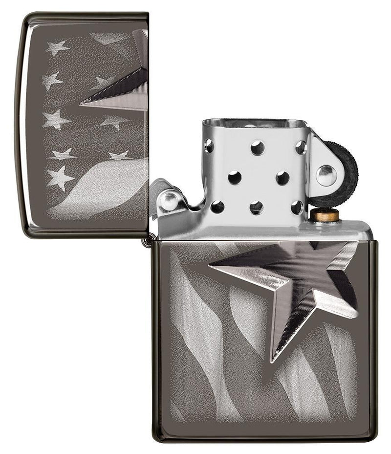 Zippo Retro Star Design Lighter Black Chrome All Metal Construction Dimensions: 1.44" x 2.25" 17444 -Zippo - Survivor Hand Precision Knives & Outdoor Gear Store