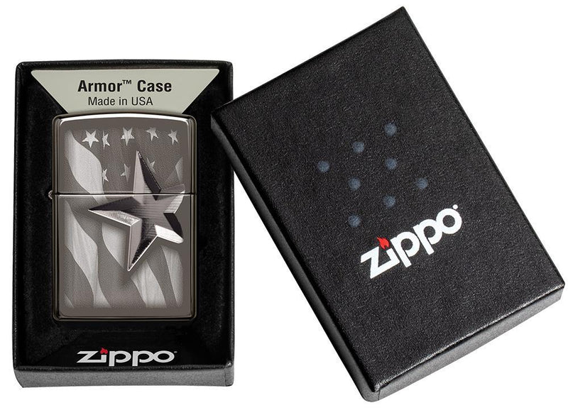 Zippo Retro Star Design Lighter Black Chrome All Metal Construction Dimensions: 1.44" x 2.25" 17444 -Zippo - Survivor Hand Precision Knives & Outdoor Gear Store