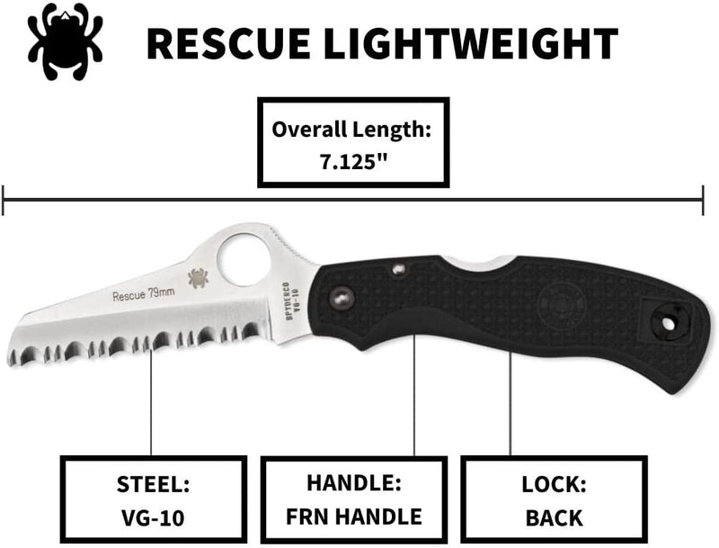 Spyderco Rescue 79mm Folding Knife 3" Serrated VG10 Steel Blade FRN Handle 45SBK -Spyderco - Survivor Hand Precision Knives & Outdoor Gear Store