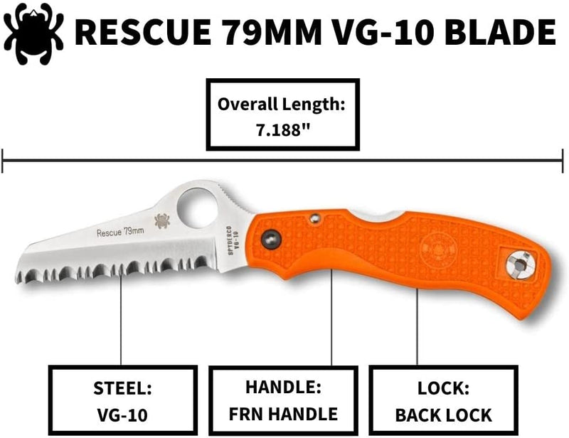 Spyderco Rescue Lockback 79mm Folding Knife 3" Serrated VG-10 Steel Blade FRN Handle 45SOR -Spyderco - Survivor Hand Precision Knives & Outdoor Gear Store