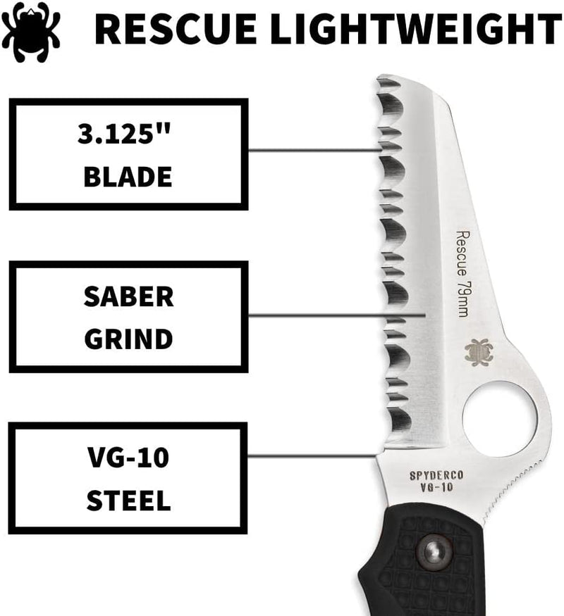 Spyderco Rescue 79mm Folding Knife 3" Serrated VG10 Steel Blade FRN Handle 45SBK -Spyderco - Survivor Hand Precision Knives & Outdoor Gear Store