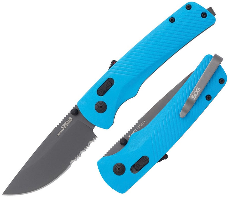 SOG Flash MK3 AT-XR Lock A/O Folding Knife 3.38" Part Serrated D2 Tool Steel Blade Blue GRN Handle 11180457 -SOG - Survivor Hand Precision Knives & Outdoor Gear Store